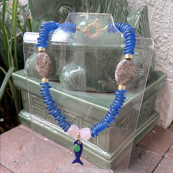 FADED HORSE Jewelry - African recycled sea-glass , pink quartz, jasper necklace